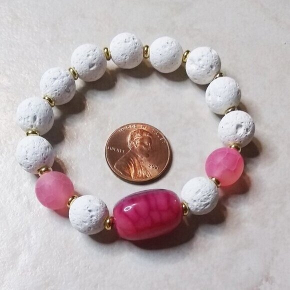 White Lava Rock Beads + Pink Dragonvein Agate ~ Petite Chunky Stretch Bracelet - Picture 3 of 8